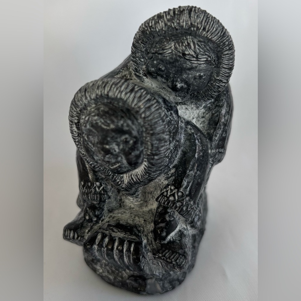 A WOLF Original Hand Carved Soapstone Sculpture Inuit Eskimo Kids Riding Sled